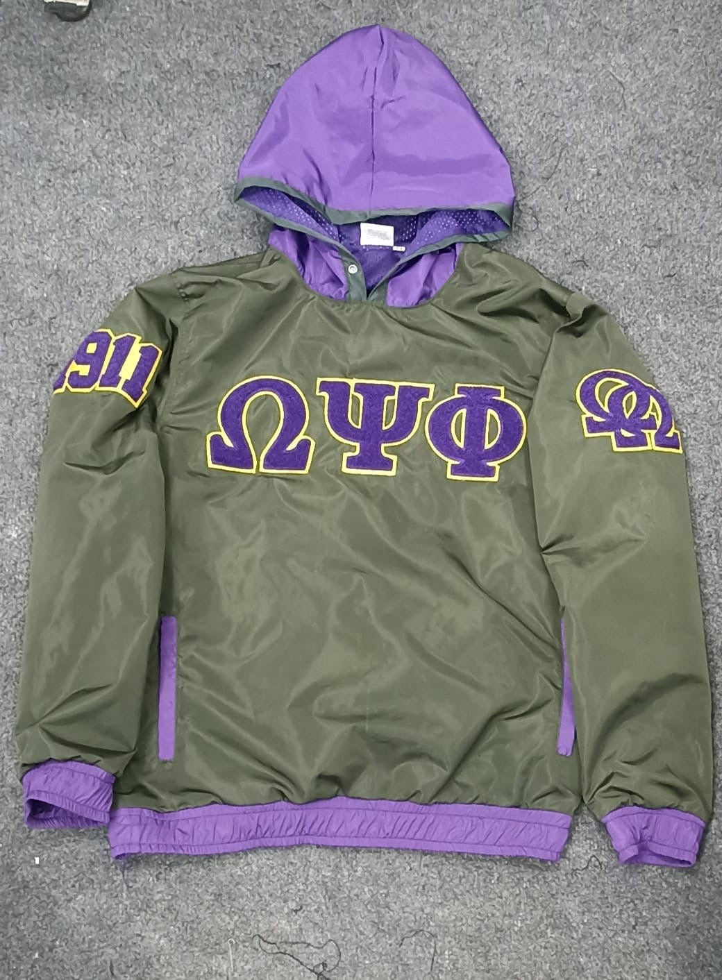 Omega Psi Phi chenille logo pullover hoodie windbreaker