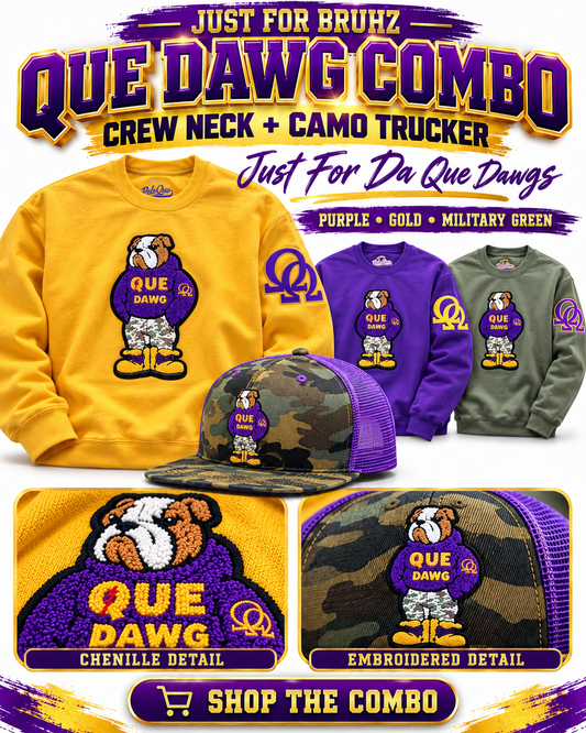 Chenille logo Que Dawg Crewneck Sweatshirt and Camo Trucker Hat Combo