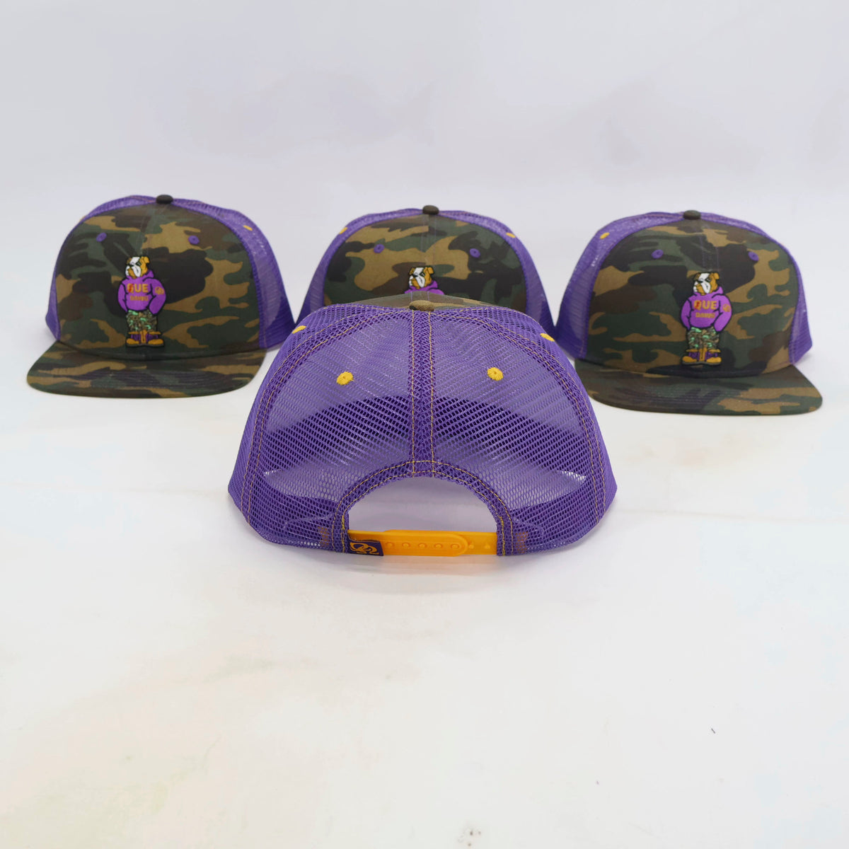 Chenille logo Que Dawg Crewneck Sweatshirt and Camo Trucker Hat Combo