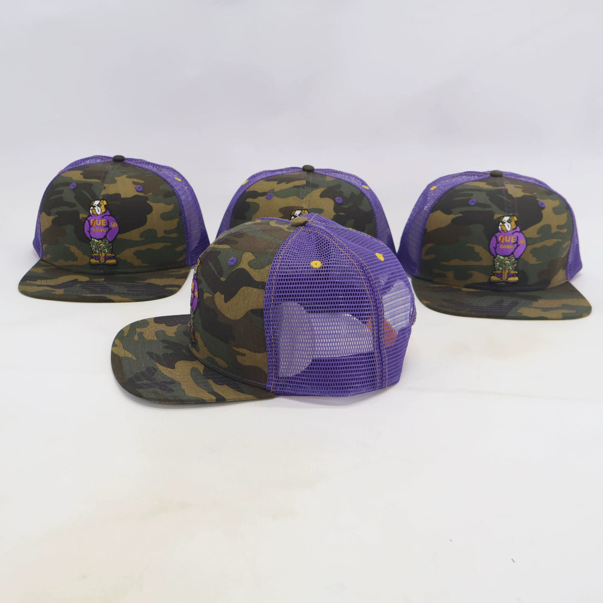 Chenille logo Que Dawg Crewneck Sweatshirt and Camo Trucker Hat Combo