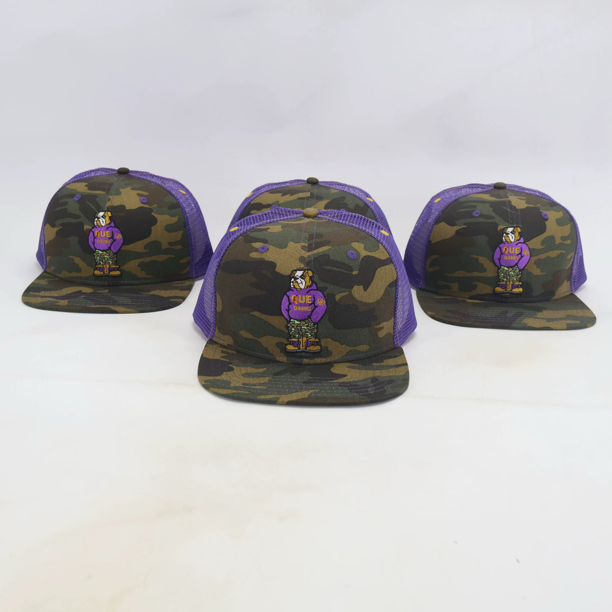 Chenille logo Que Dawg Crewneck Sweatshirt and Camo Trucker Hat Combo