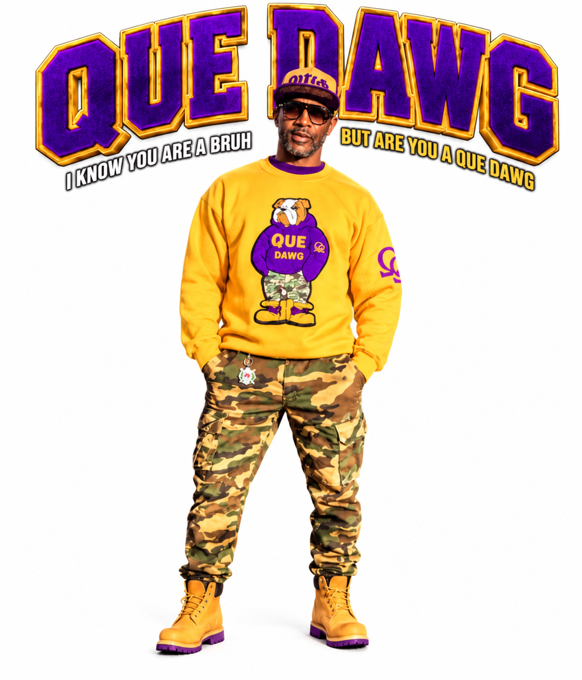 Chenille logo Que Dawg Crewneck Sweatshirt and Camo Trucker Hat Combo