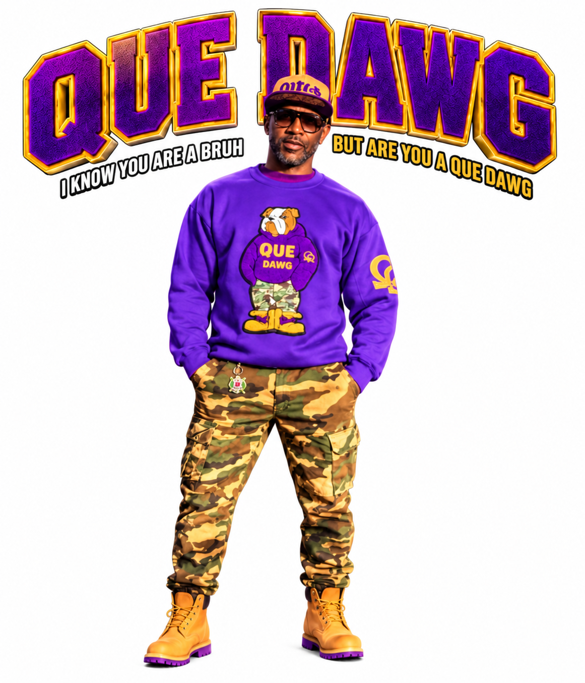 Chenille logo Que Dawg Crewneck Sweatshirt and Camo Trucker Hat Combo
