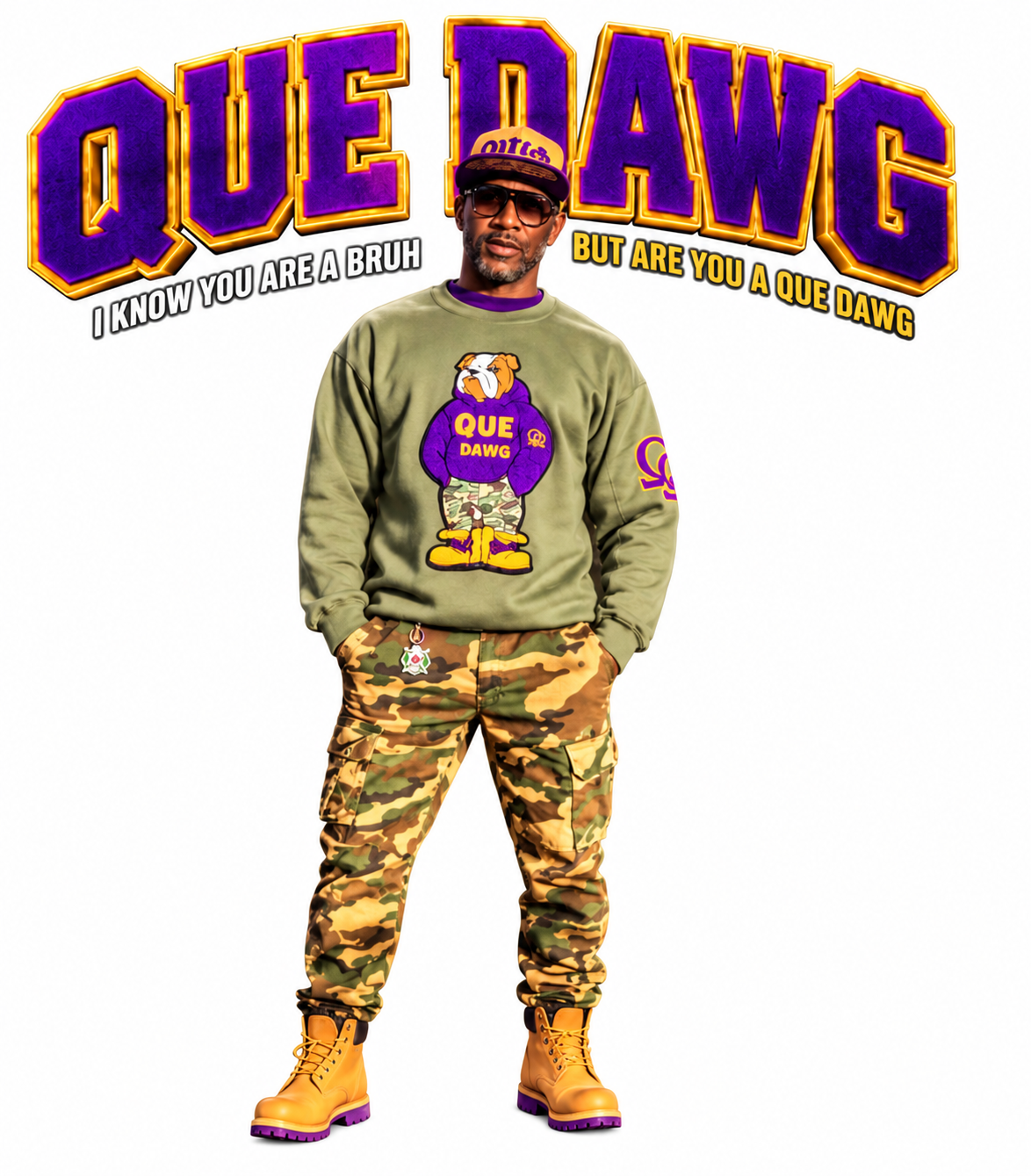 Chenille logo Que Dawg Crewneck Sweatshirt and Camo Trucker Hat Combo