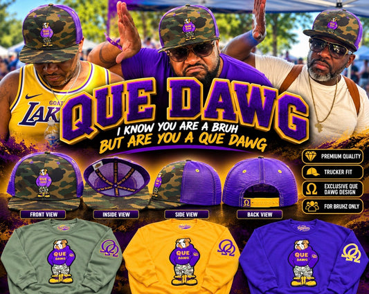 Chenille logo Que Dawg Crewneck Sweatshirt and Camo Trucker Hat Combo