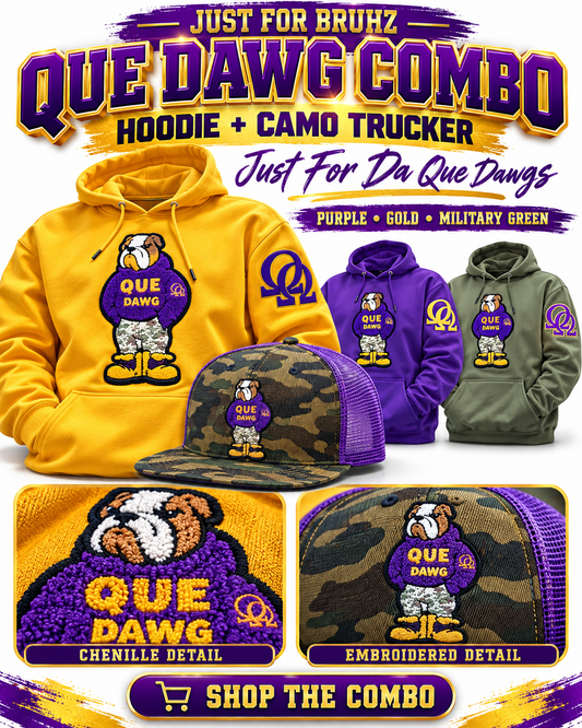 Que Dawg Hoodie and Camo Trucker Combo