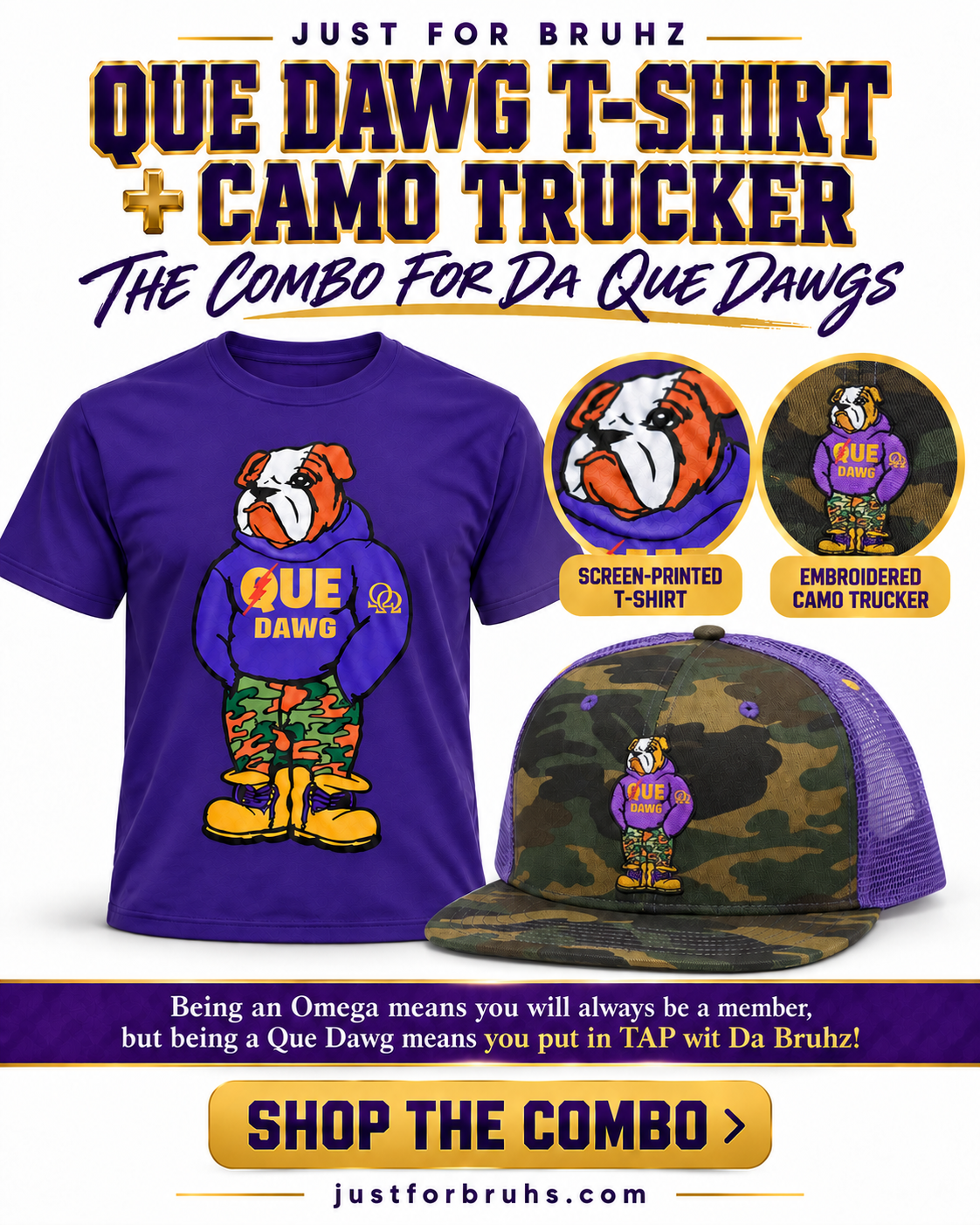 Que Dawg T-Shirt and Camo Trucker Combo