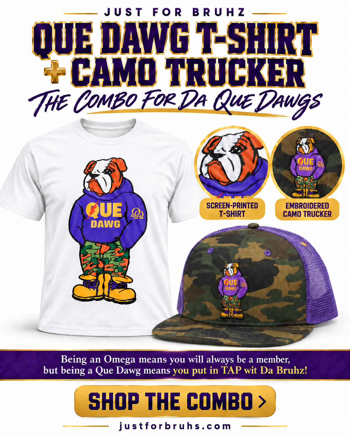 Que Dawg T-Shirt and Camo Trucker Combo