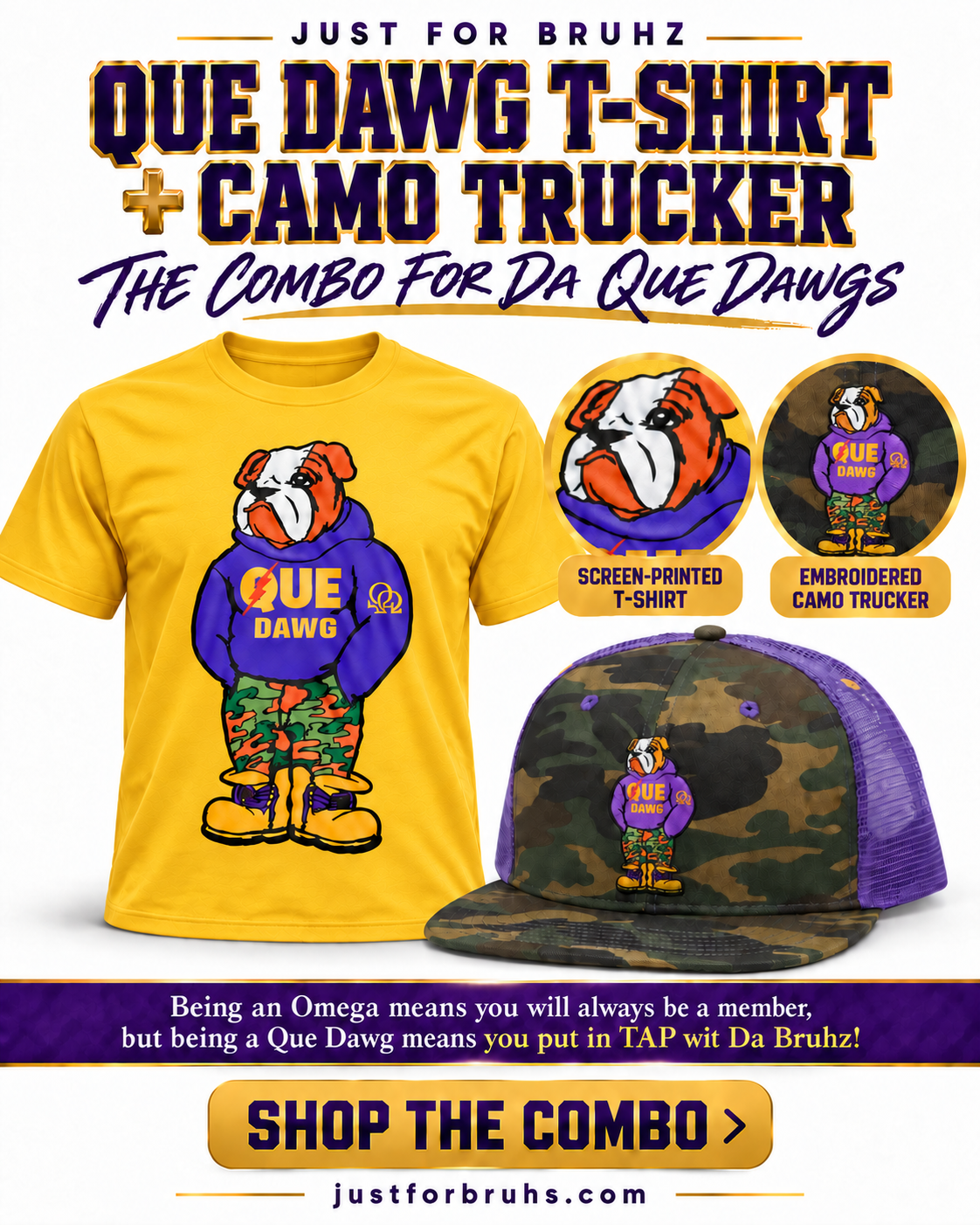 Que Dawg T-Shirt and Camo Trucker Combo